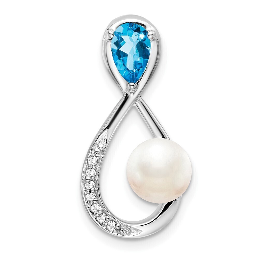 14k White Gold Blue Topaz/fwc Pearl/diamond Infinity Chain Slide